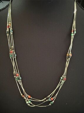 Vintage 80s Multi Strand Liquid Silver Tone Southwestern Bead Necklace